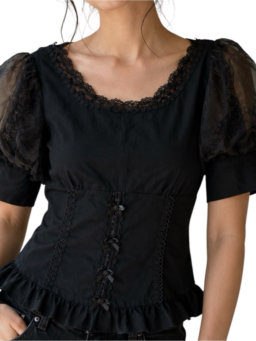 Belle Poque Black Gothic Lace Up Corset Top XL Puff Sleeve Victorian RenFair